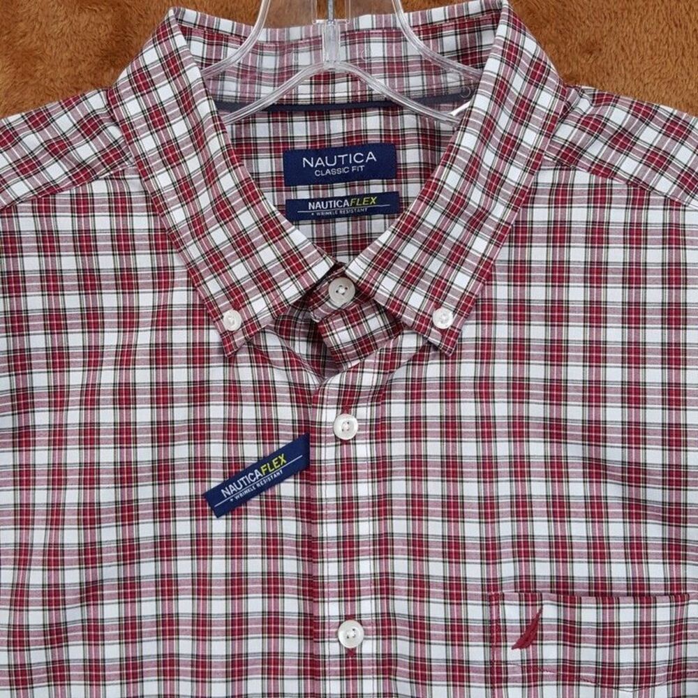NAUTICA Button Shirt Mens XL Red Plaid Button Down Pocket Logo Classic Fit FLEX